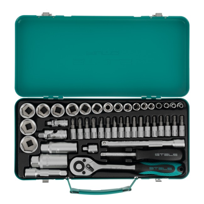 Набор торцевых головок с трещоткой 1/4"и 3/8" 44 предмета Stels Набор торцевых головок с трещоткой 1/4"и 3/8" 44 предмета Stels