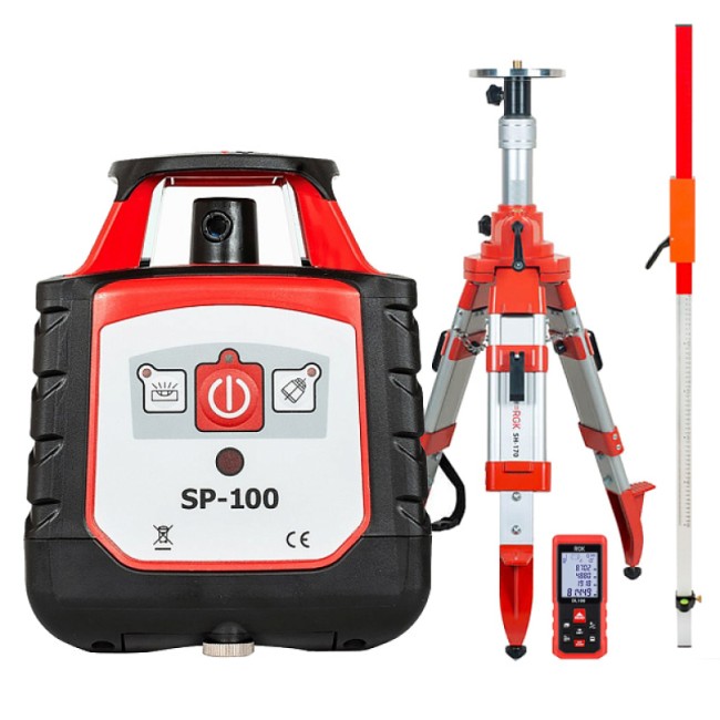 Комплект: ротационный нивелир RGK SP-100 + элевационный штатив RGK SH-170 + рейка RGK LR-2 + дальномер RGK DL100