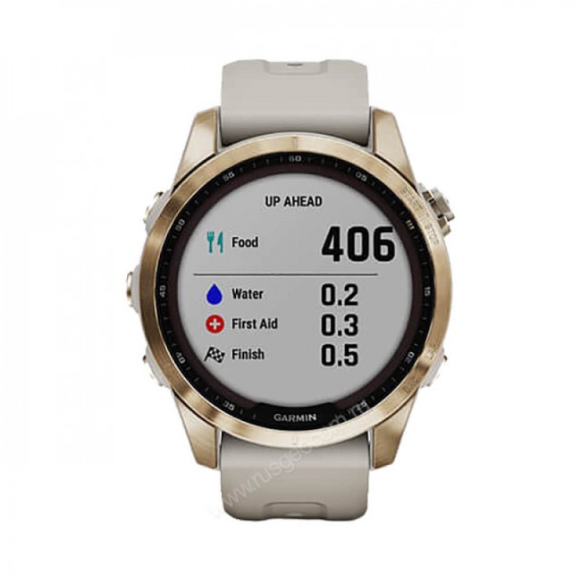 Часы Garmin Fenix 7S Sapphire Solar титановый кремово-золотой с светло-песочным силиконовым ремешком
