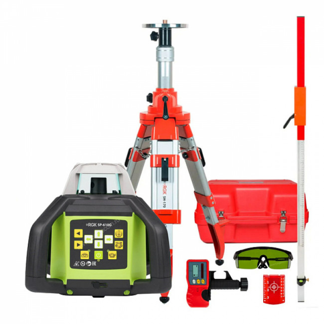 Комплект: ротационный нивелир RGK SP-610G + штатив RGK SH-170, рейка RGK LR-2
