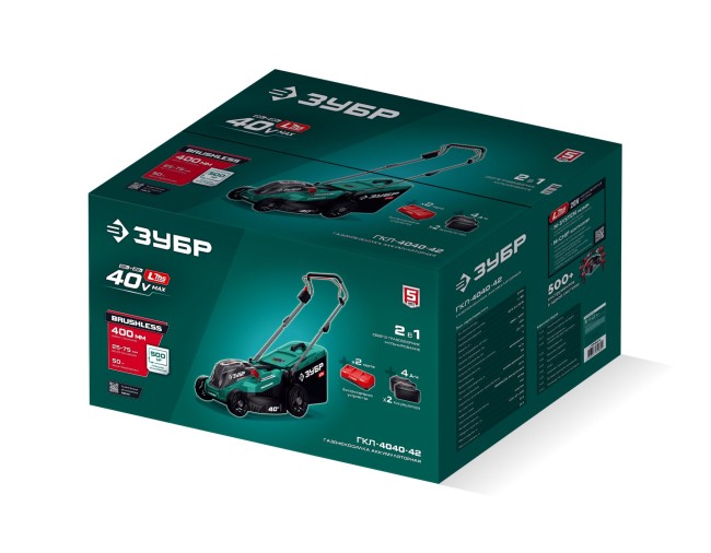 Газонокосилка аккумуляторная бесщеточная ГКЛ-4040-42 ЗУБР 40 В (2x20В), 400 мм, 2 АКБ LMS (4 Ач)