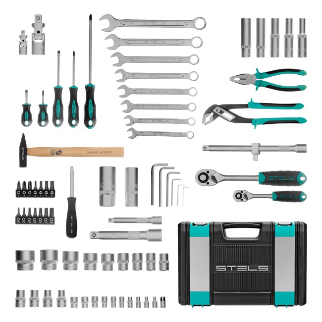 Набор инструментов 1/2", 1/4", CrV 76 предметов Stels Набор инструментов 1/2", 1/4", CrV 76 предметов Stels