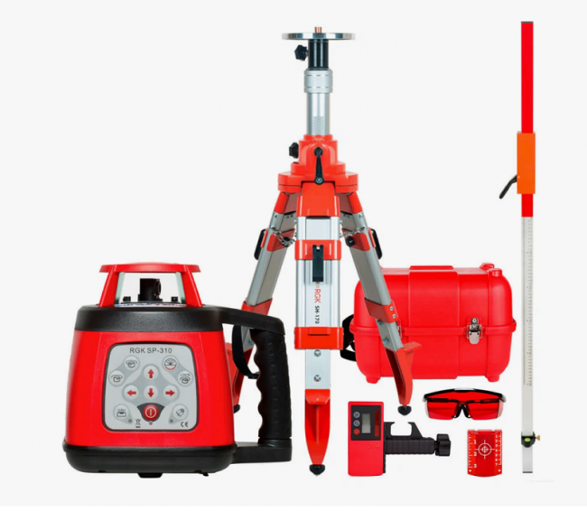 Комплект: ротационный нивелир RGK SP-310 + штатив, рейка Комплект: ротационный нивелир RGK SP-310 + штатив, рейка