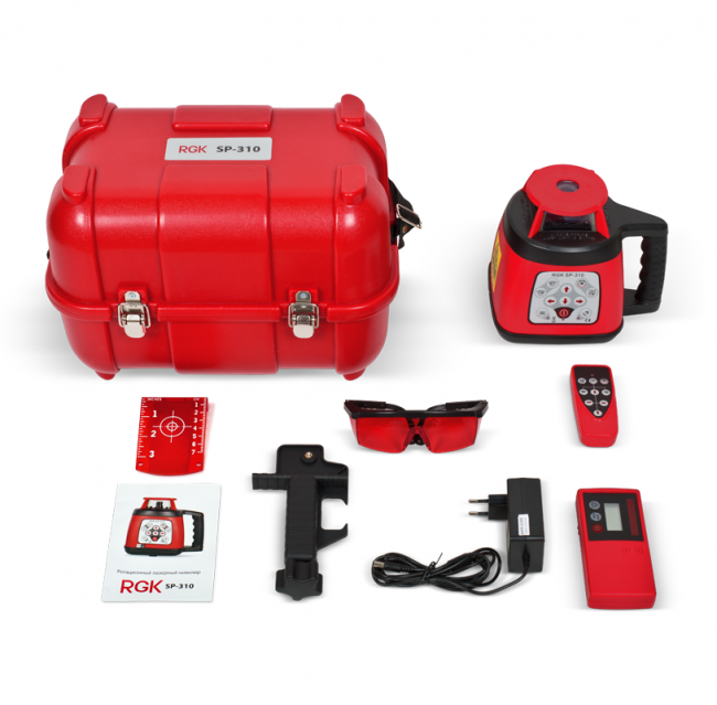 Комплект: ротационный нивелир RGK SP-310 + штатив, рейка Комплект: ротационный нивелир RGK SP-310 + штатив, рейка